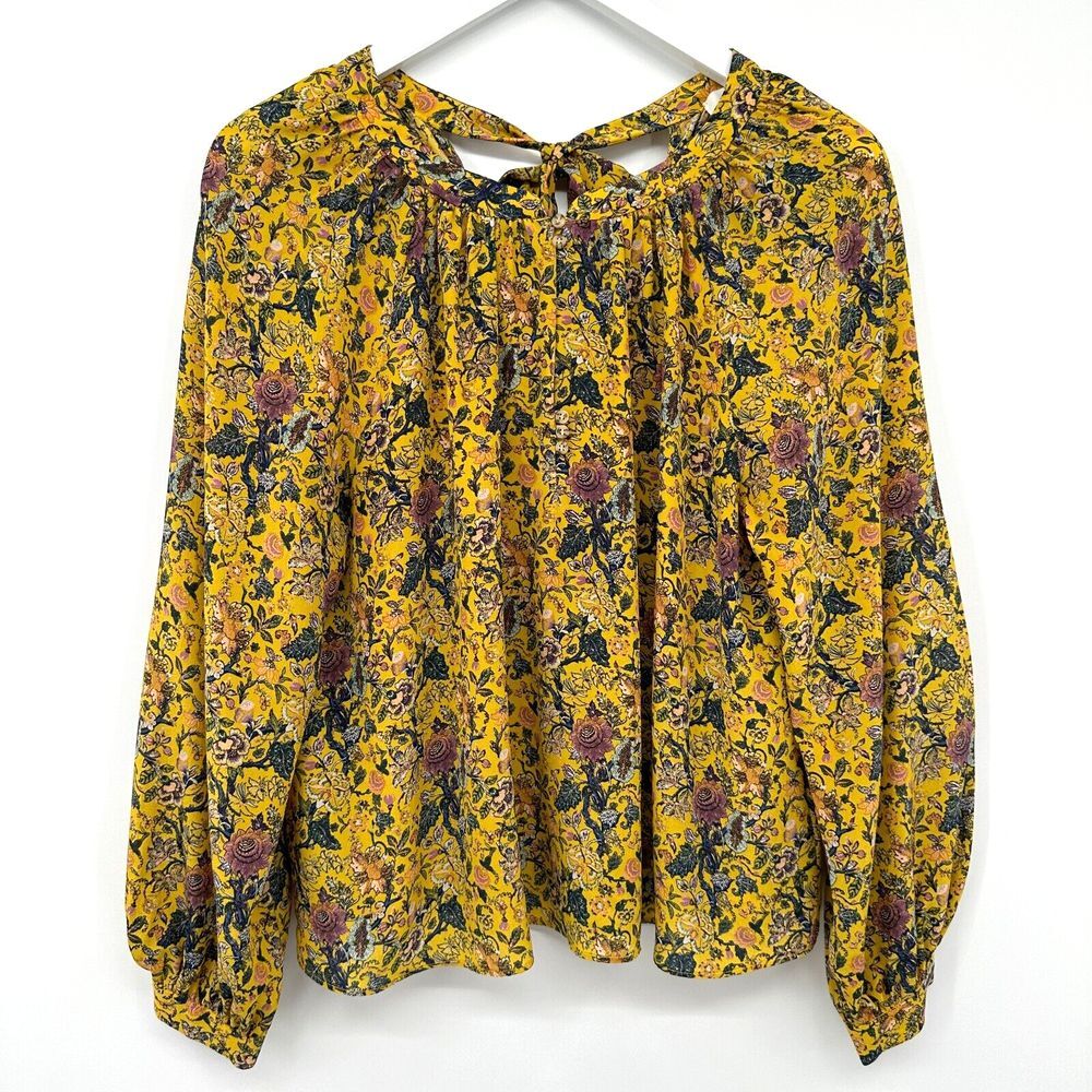 Madewell Karen Walker Top Shirt Size Medium 100% Silk Yellow Floral Blouse
